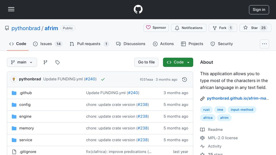 Screenshot of github.com: Show HN: A modern way to type in African languages