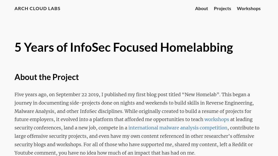 Screenshot of archcloudlabs.com: 5 Years of InfoSec Focused Homelabbing
