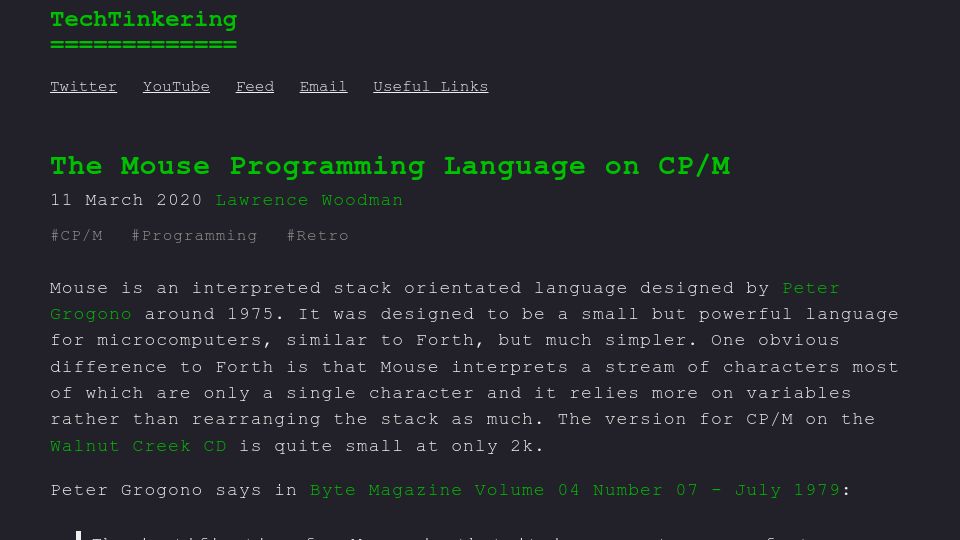 Screenshot of techtinkering.com: The Mouse Programming Language on CP/M
