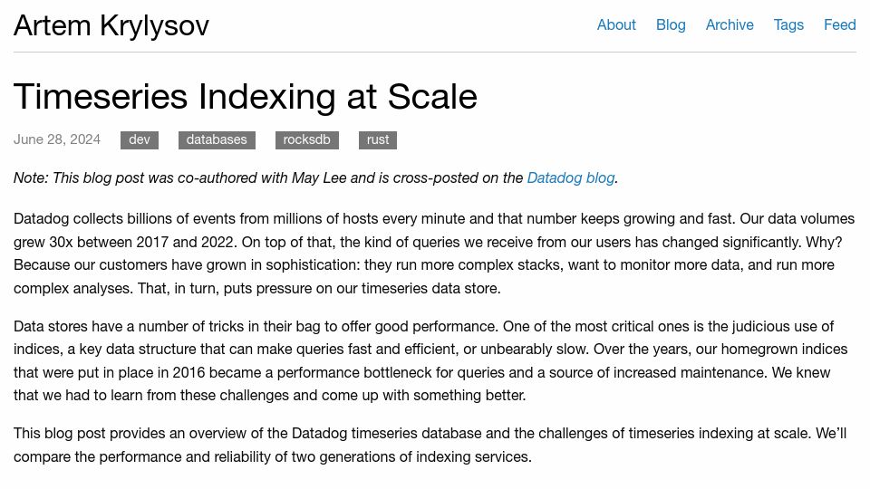 Screenshot of artem.krylysov.com: Timeseries Indexing at Scale