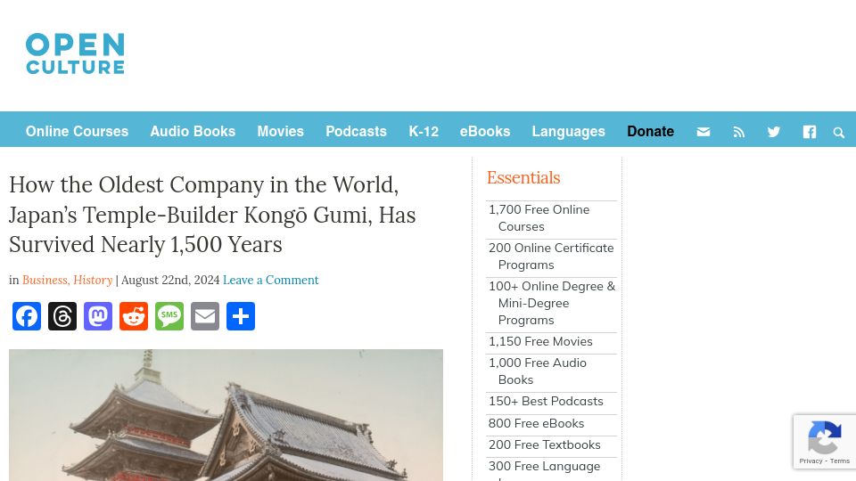 Screenshot of openculture.com: Japan’s Temple-Builder Kongō Gumi, Has Survived Nearly 1,500 Years