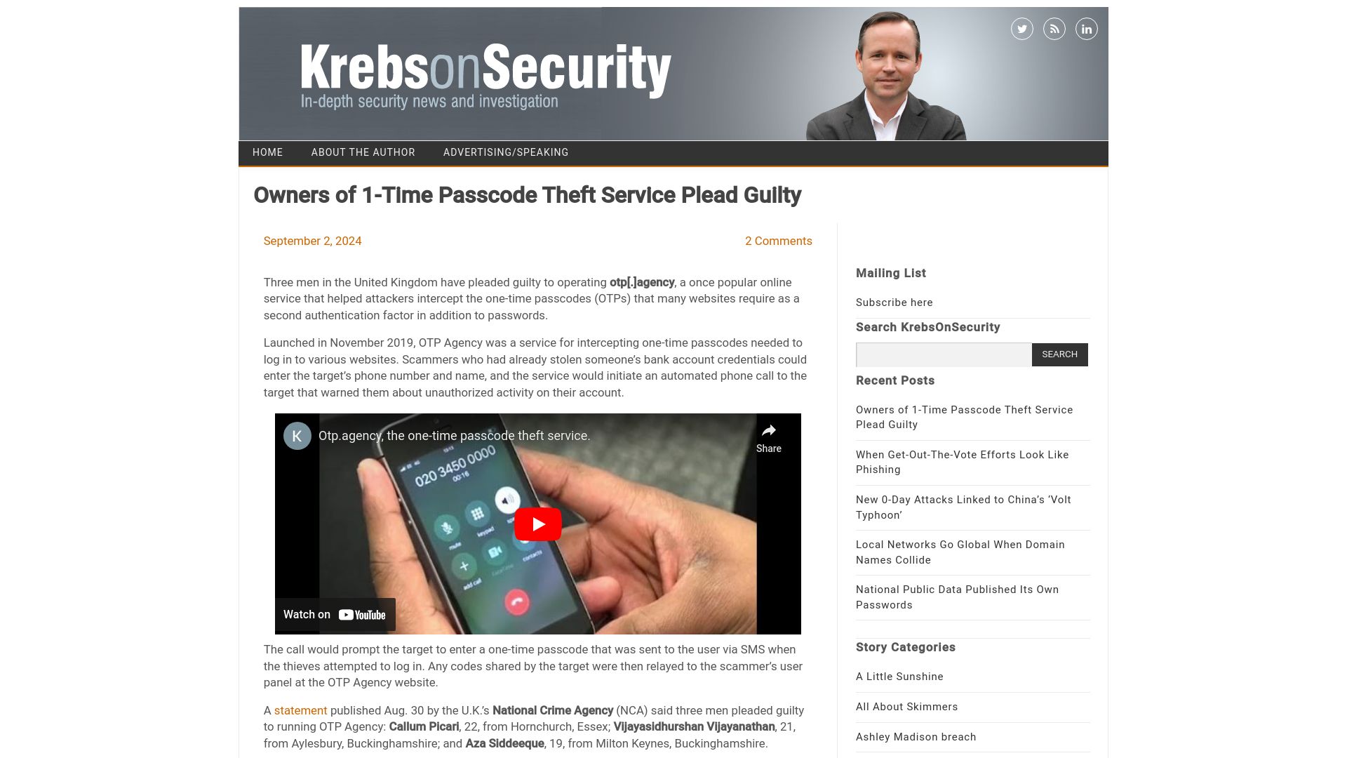Screenshot of krebsonsecurity.com: Owners of 1-Time Passcode Theft Service Plead Guilty