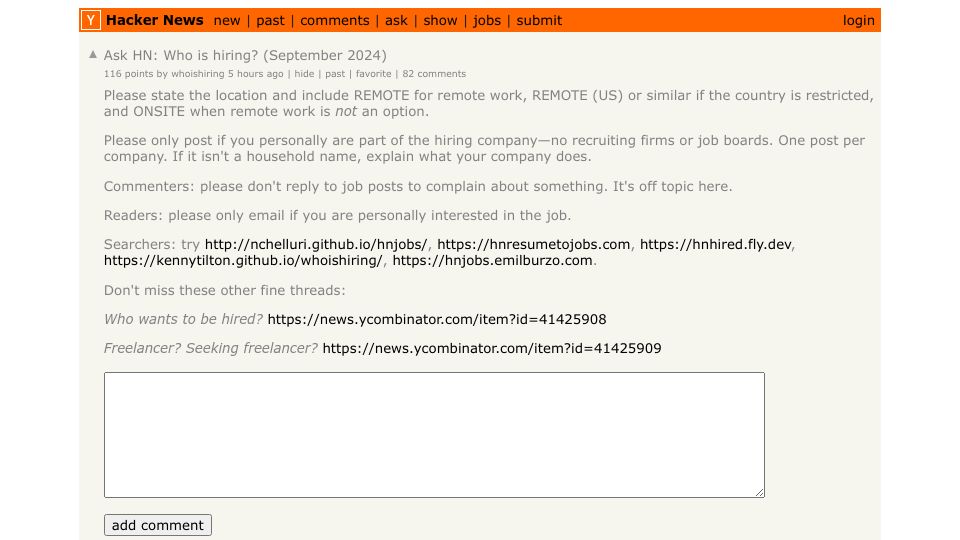 Screenshot of Hacker News post: Ask HN: Who is hiring? (September 2024)