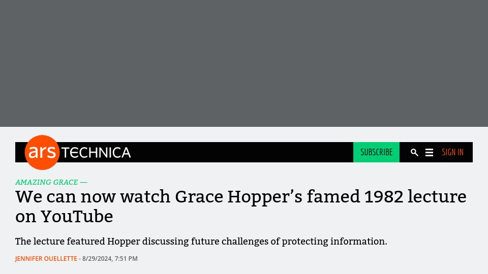Screenshot of arstechnica.com: We can now watch Grace Hopper's famed 1982 lecture on YouTube