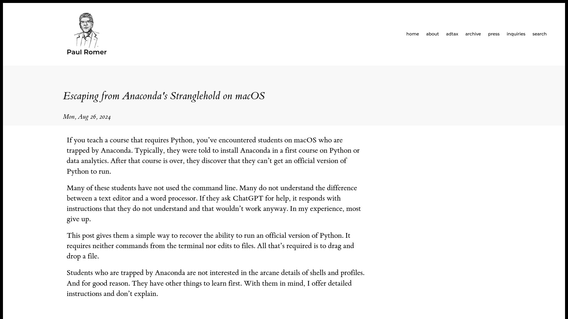 Screenshot of paulromer.net: Escaping from Anaconda (Python)