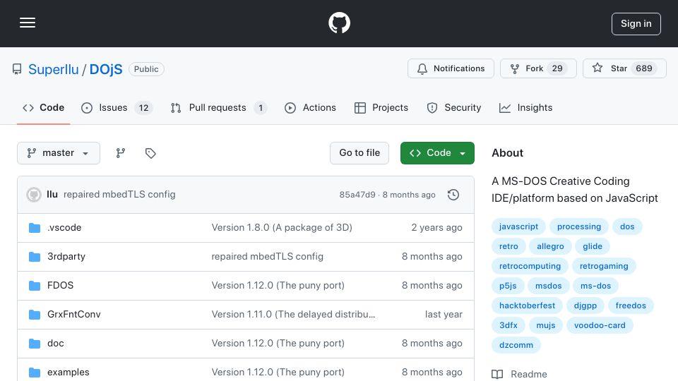 Screenshot of github.com: DOjS – A DOS JavaScript Canvas with Sound