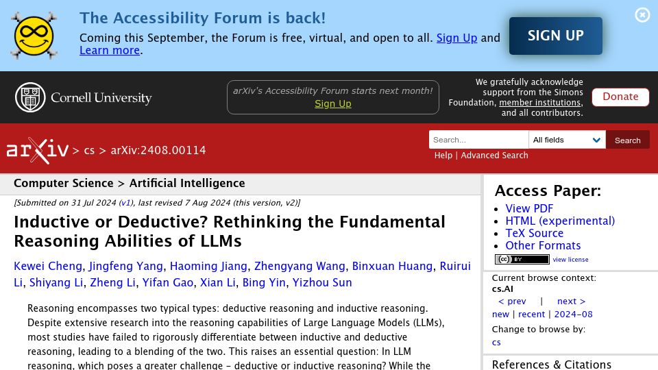 Screenshot of arxiv.org: Inductive or Deductive? Rethinking the Fundamental Reasoning Abilities of LLMs