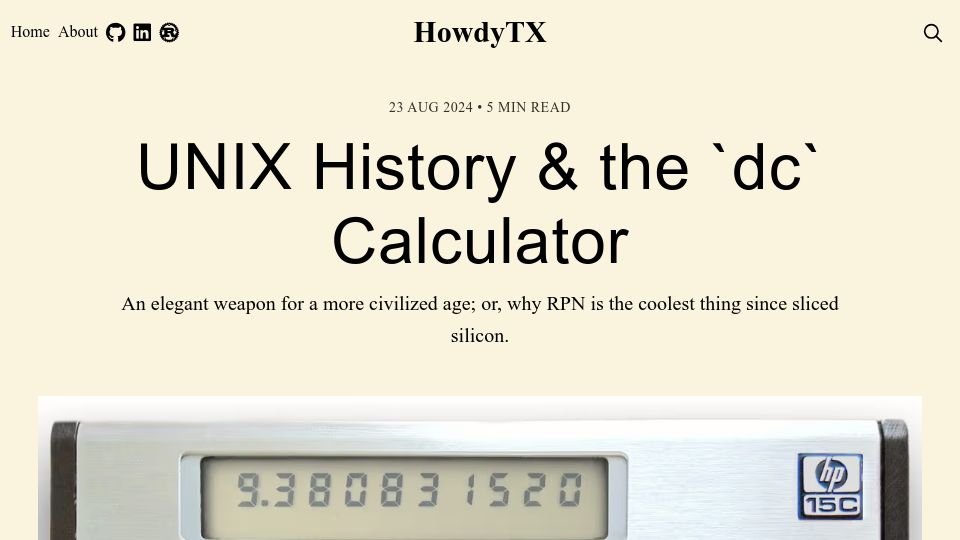 Screenshot of howdytx.technology: Unix history and the `dc` calculator