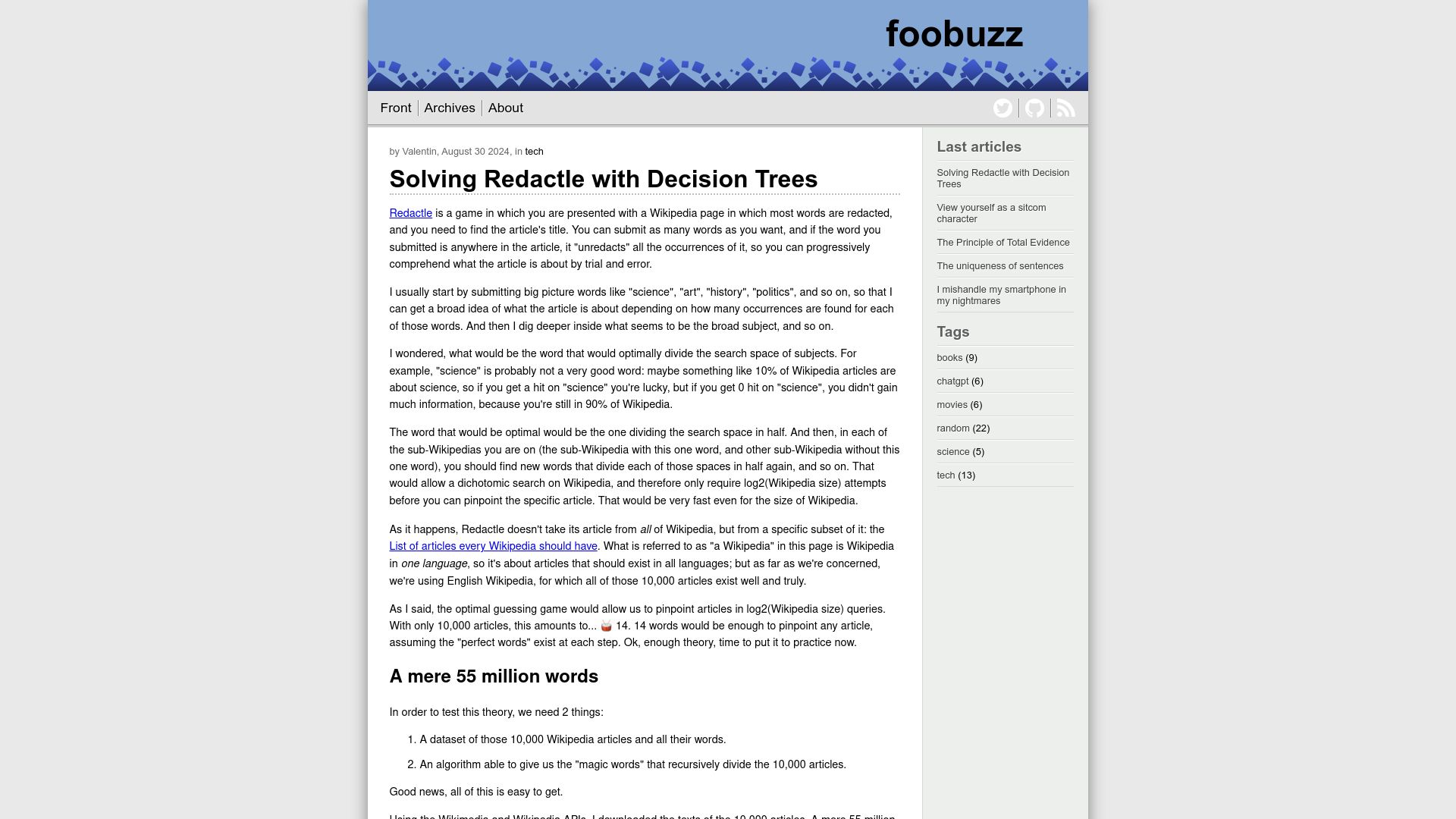 Screenshot of blog.valentin.sh: Solving Redactle with Decision Trees