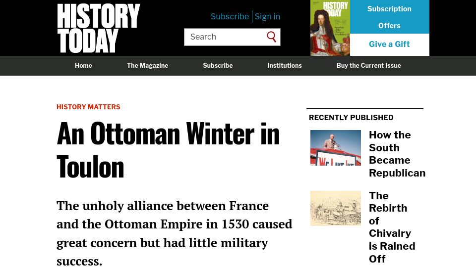 Screenshot of historytoday.com: An Ottoman Winter in Toulon