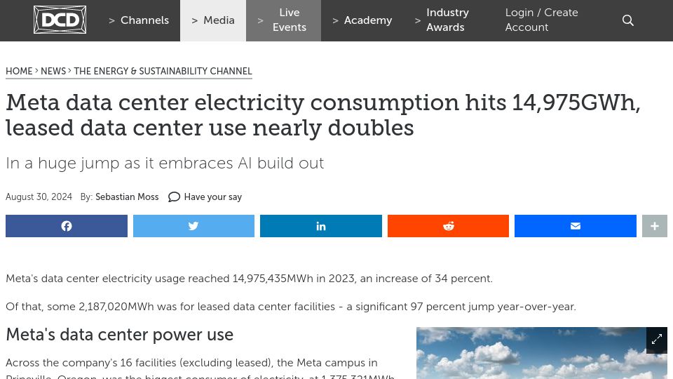 Screenshot of datacenterdynamics.com: Meta data center electricity consumption hits 14,975GWh