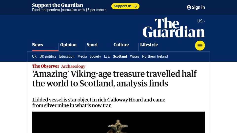 Screenshot of theguardian.com: 'Amazing' Viking-age treasure travelled half the world to Scotland