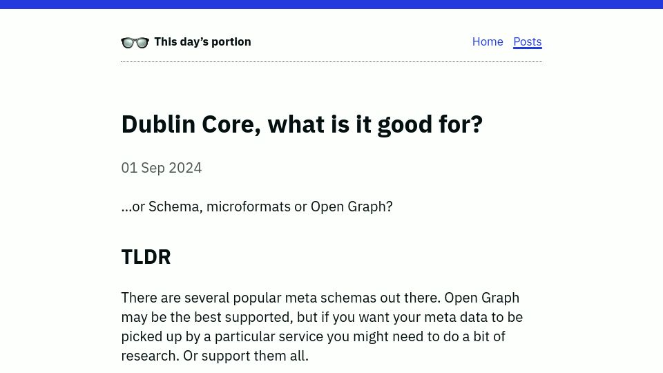 Screenshot of thisdaysportion.com: Dublin Core, what is it good for?