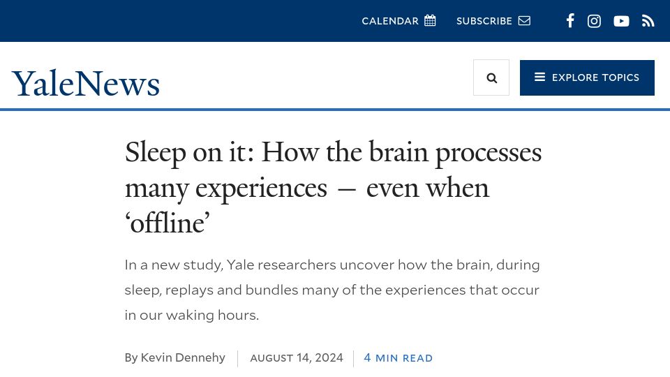 Screenshot of news.yale.edu: Sleep on it: How the brain processes many experiences, even when 'offline'