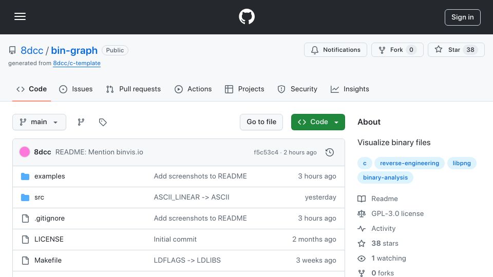 Screenshot of github.com: Show HN: Bin-graph: Visualize binary files