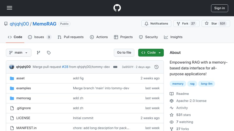 Screenshot of github.com: MemoRAG – Enhance RAG with memory-based knowledge discovery for long contexts