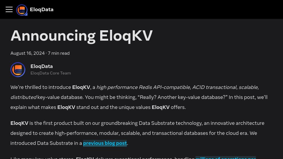 Screenshot of eloqdata.com: Show HN: EloqKV – Scalable distributed ACID key-value database with Redis API