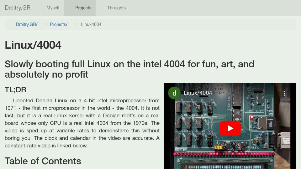 Screenshot of dmitry.gr: Linux/4004: booting Linux on Intel 4004 for fun, art, and no profit