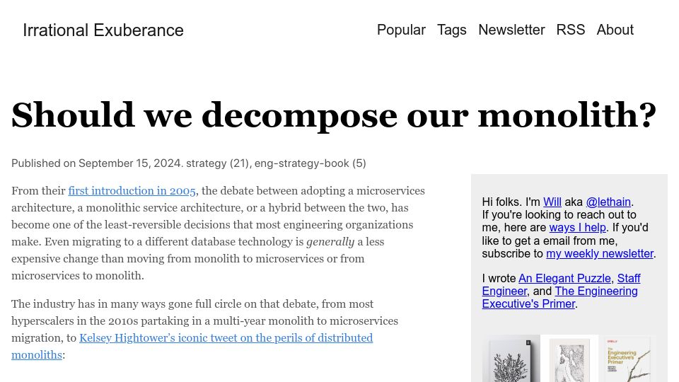 Screenshot of lethain.com: Should we decompose our monolith?