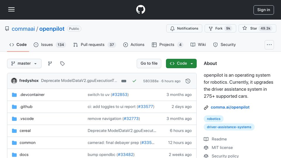 Screenshot of github.com: Openpilot – Operating system for robotics