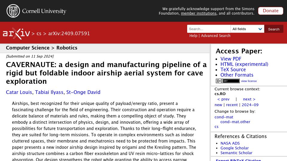 Screenshot of arxiv.org: A rigid but foldable indoor airship aerial system for cave exploration