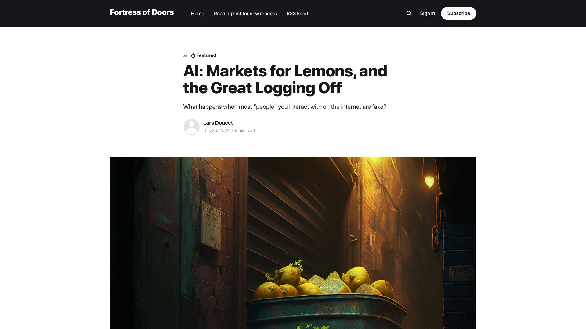 Screenshot of fortressofdoors.com: AI: Markets for Lemons, and the Great Logging Off (2022)