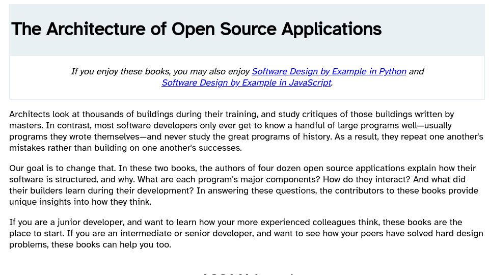 Screenshot of aosabook.org: The Architecture of Open Source Applications