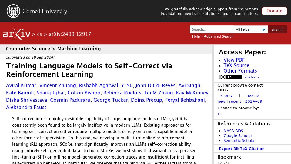 Screenshot of arxiv.org: Training Language Models to Self-Correct via Reinforcement Learning