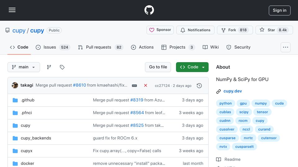 Screenshot of github.com: CuPy: NumPy and SciPy for GPU