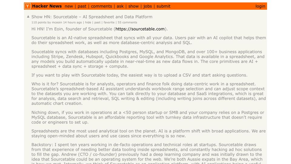 Screenshot of Hacker News post: Show HN: Sourcetable – AI Spreadsheet and Data Platform