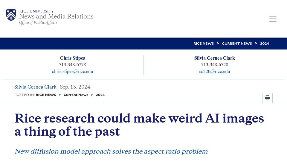 Screenshot of news.rice.edu: New AI diffusion model approach solves the aspect ratio problem