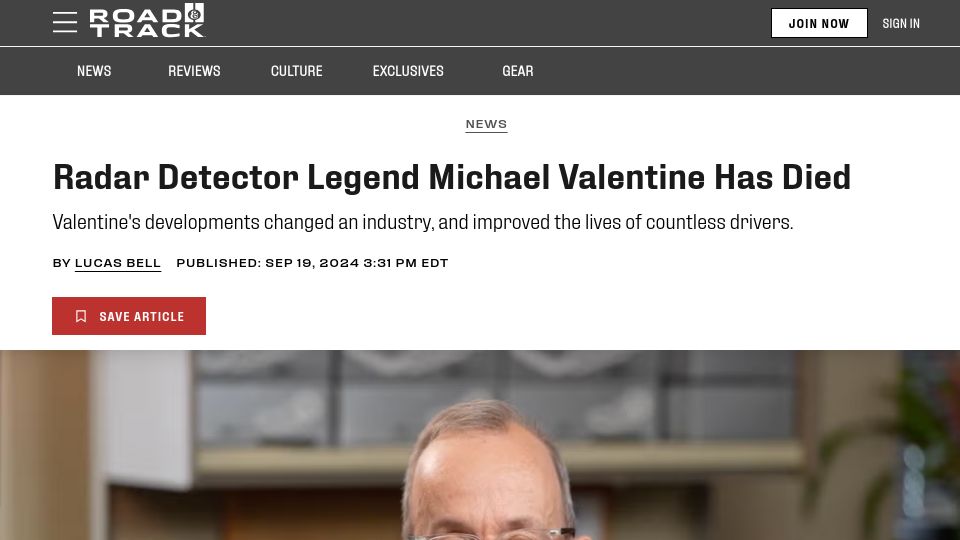Screenshot of roadandtrack.com: Radar Detector Legend Michael Valentine Has Died