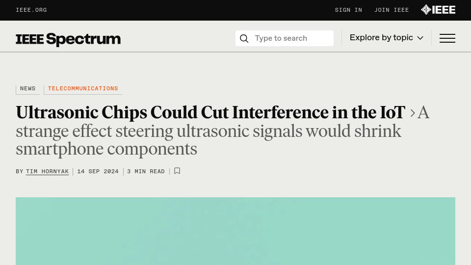 Screenshot of spectrum.ieee.org: Ultrasonic Chips Could Cut Interference in the IoT