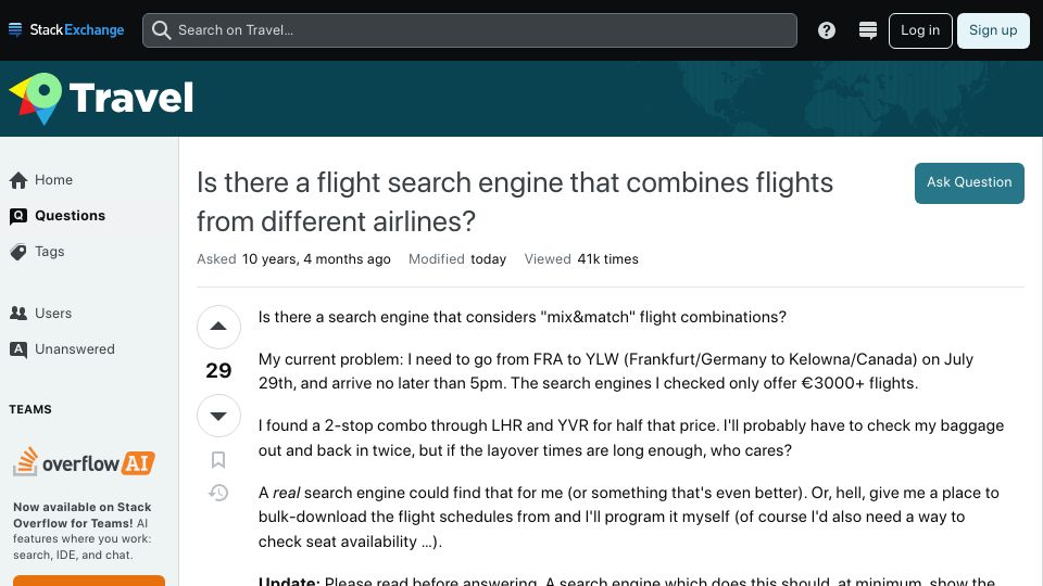 Screenshot of travel.stackexchange.com: A flight search engine that combines flights from different airlines? (2014)