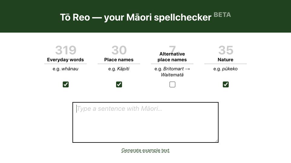 Screenshot of xn--treo-l3a.nz: Tō Reo – A Māori Spellchecker