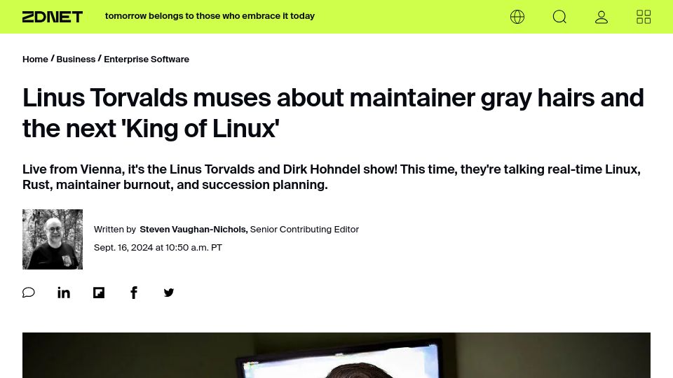Screenshot of zdnet.com: Linus Torvalds muses about maintainer gray hairs and the next 'King of Linux'