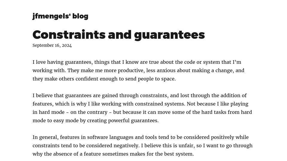 Screenshot of jfmengels.net: Constraints and Guarantees