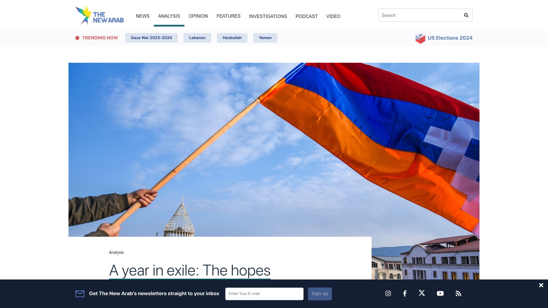 Screenshot of newarab.com: A year in exile: The fading hopes of Nagorno-Karabakh Armenians