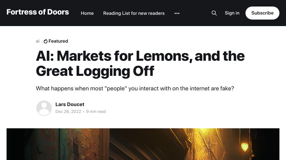 Screenshot of fortressofdoors.com: AI: Markets for Lemons, and the Great Logging Off (2022)
