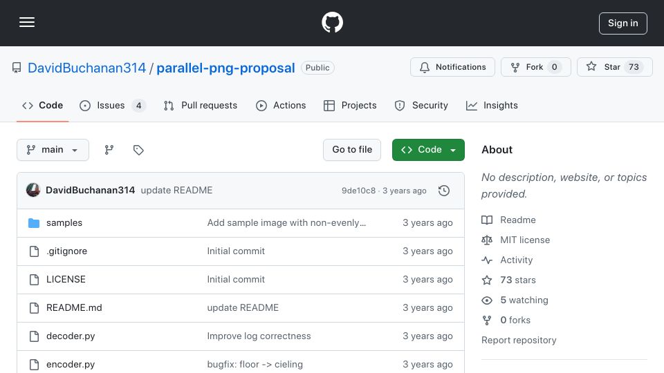 Screenshot of github.com: Parallel PNG Proposal (2021)