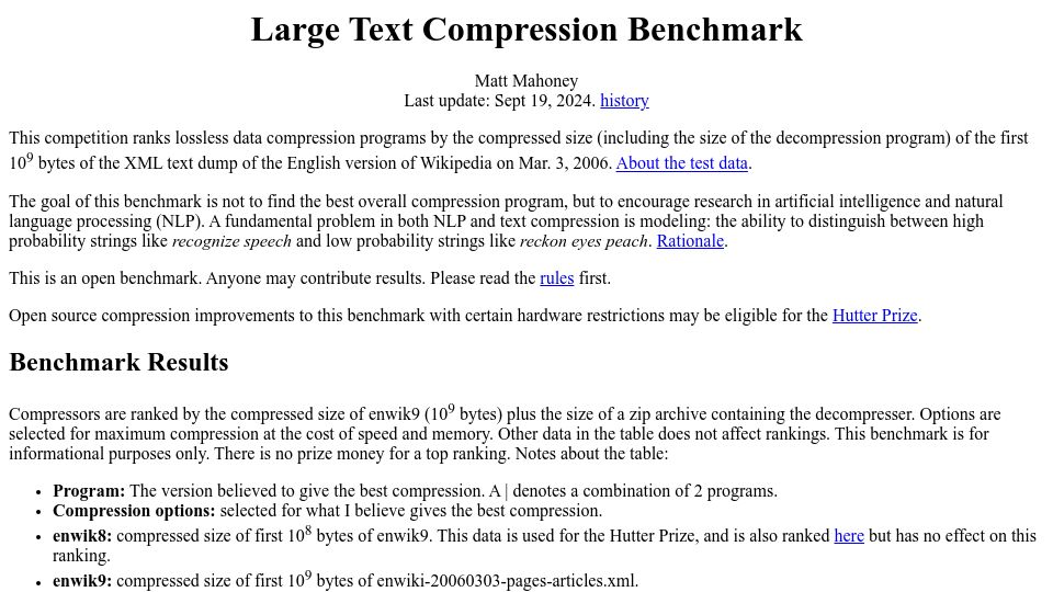 Screenshot of mattmahoney.net: Large Text Compression Benchmark