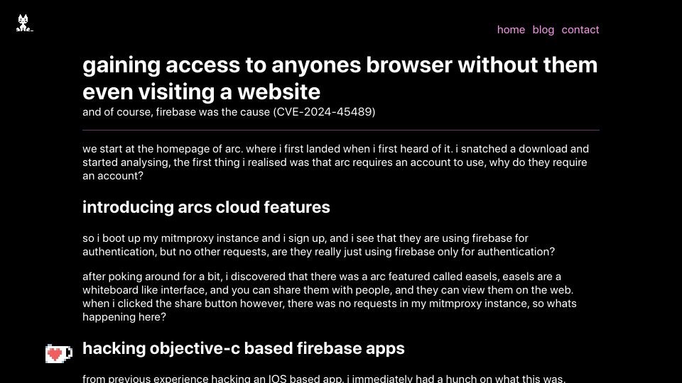 Screenshot of kibty.town: Gaining access to anyones Arc browser without them even visiting a website
