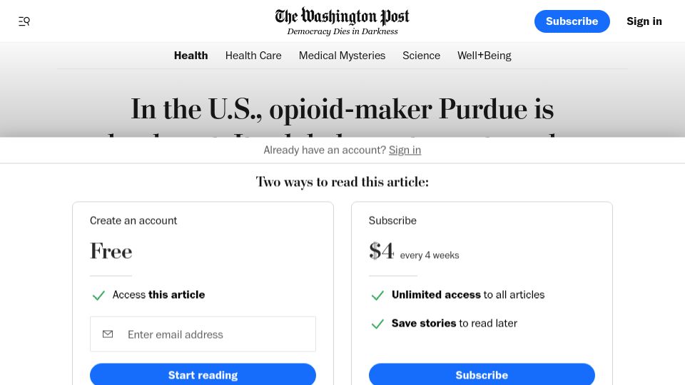 Screenshot of washingtonpost.com: In the US opioid-maker Purdue is bankrupt. Its global counterparts make millions