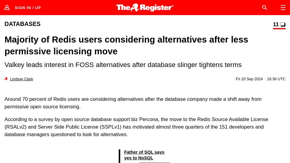 Screenshot of theregister.com: Redis users considering alternatives after licensing move
