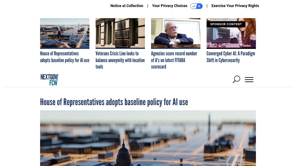 Screenshot of nextgov.com: US House of Representatives adopts baseline policy for AI use