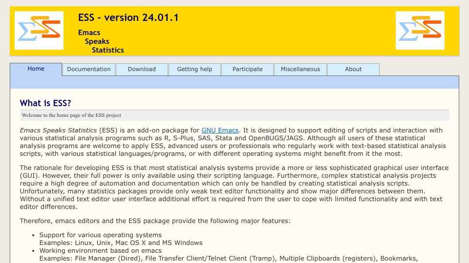 Screenshot of ess.r-project.org: Emacs Speaks Statistics