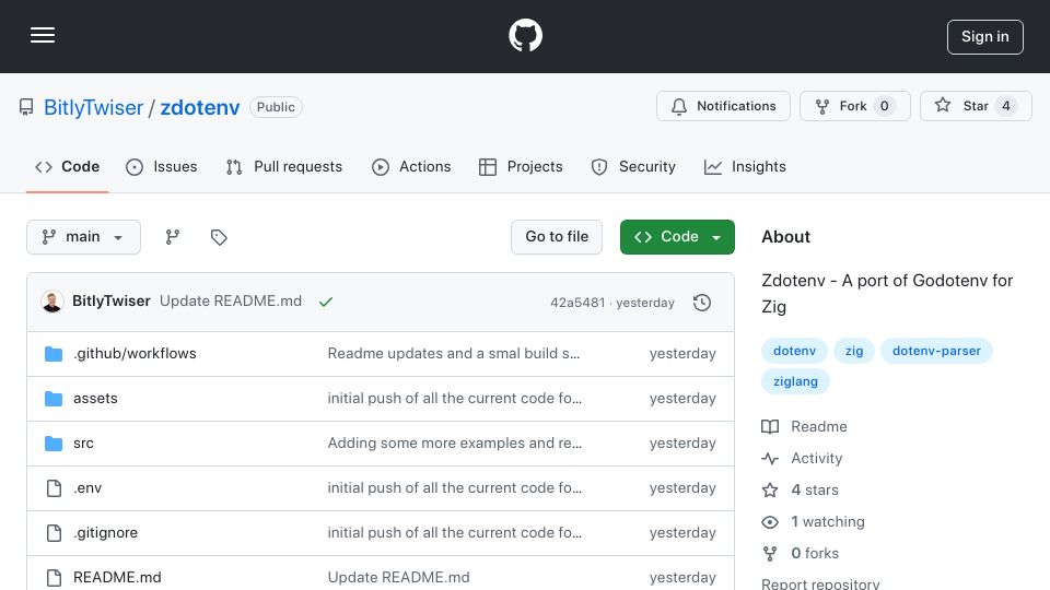 Screenshot of github.com: Zdotenv – Dotenv Loader for Zig