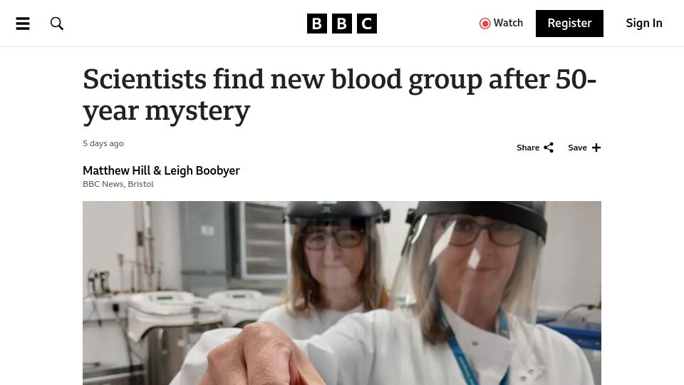 Screenshot of bbc.com: Scientists find new blood group after 50-year mystery