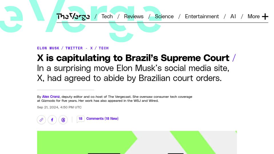 Screenshot of theverge.com: X capitulates to Brazil's Supreme Court