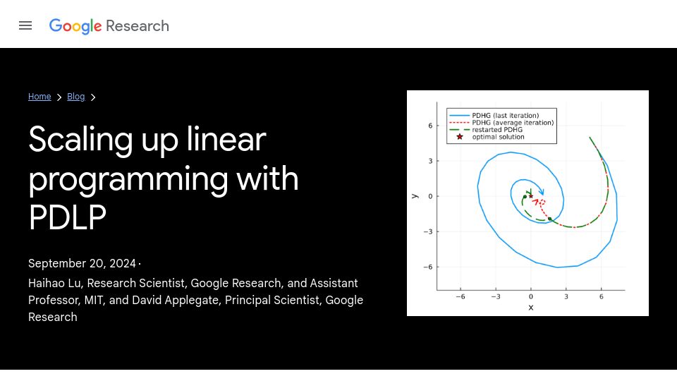 Screenshot of research.google: Scaling up linear programming with PDLP